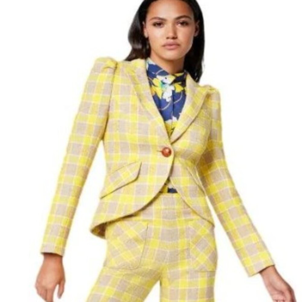 NWT Smythe Yellow Check Pouf One Button Blazer and Cropped Pants - 6